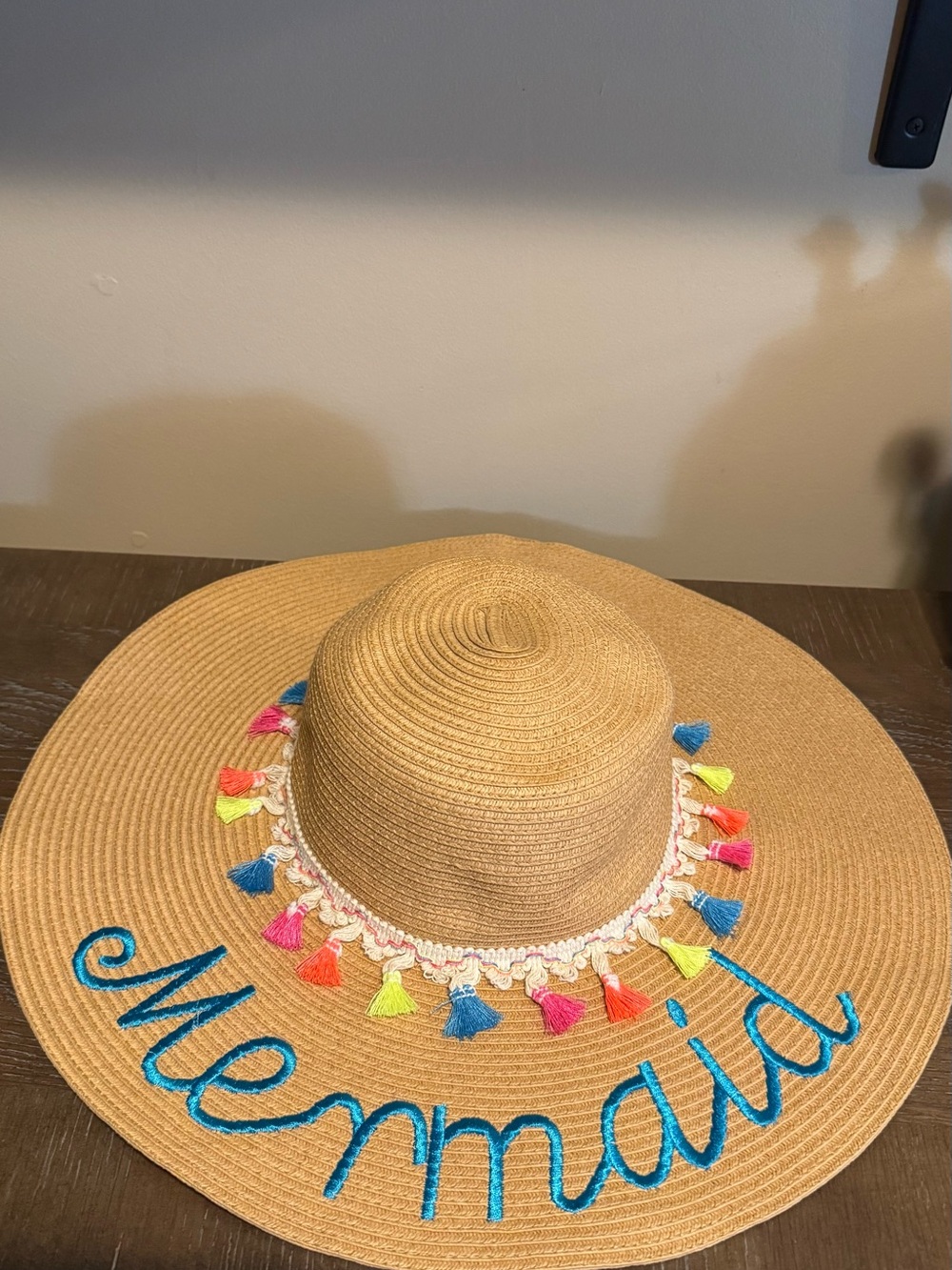 Straw Sun Hat with Colorful Tassels - Mermaid Design -  Tan